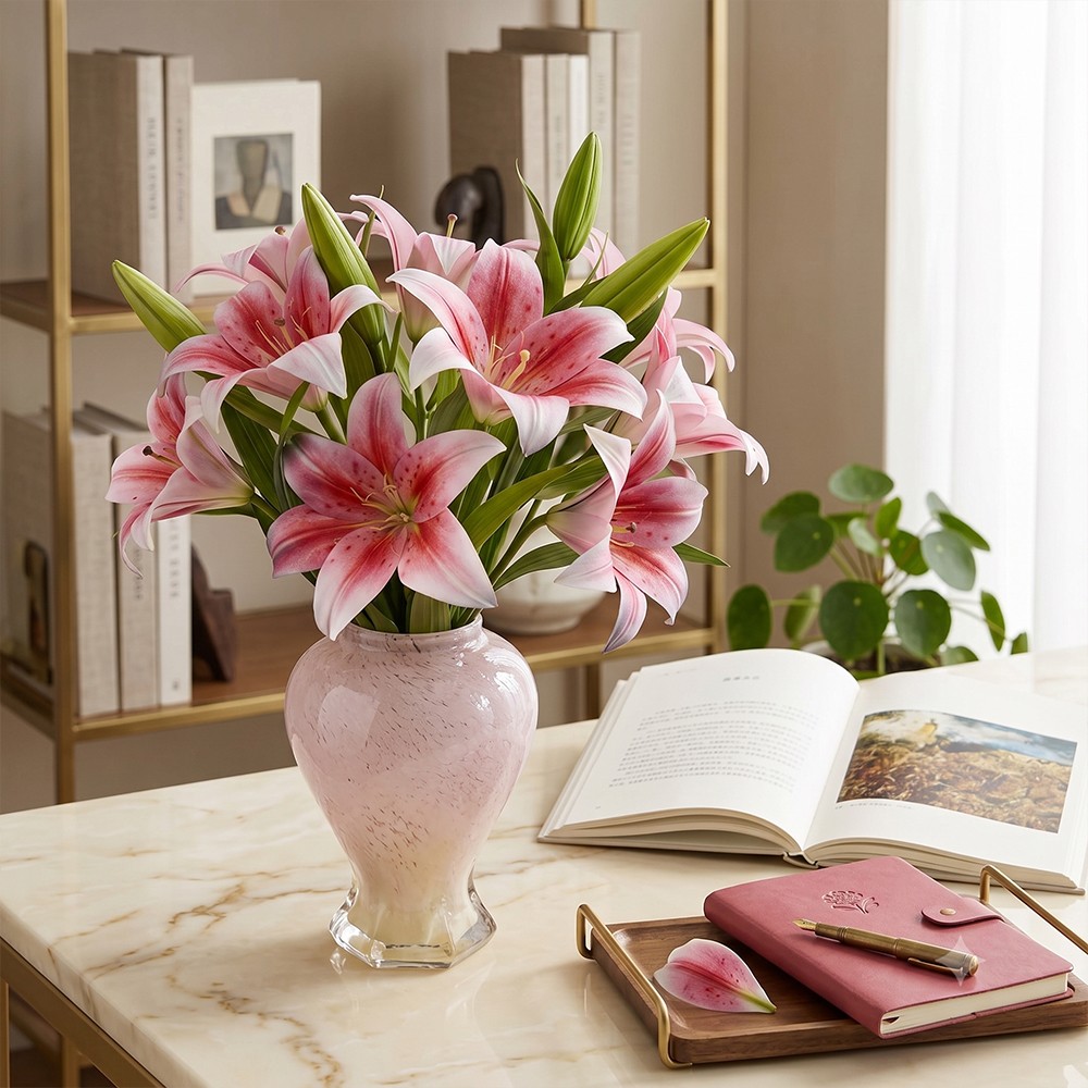 6PCS Artificial Lilies Set with 12 Heads Fully Bloomed Lilies 6 Buds Short Stem