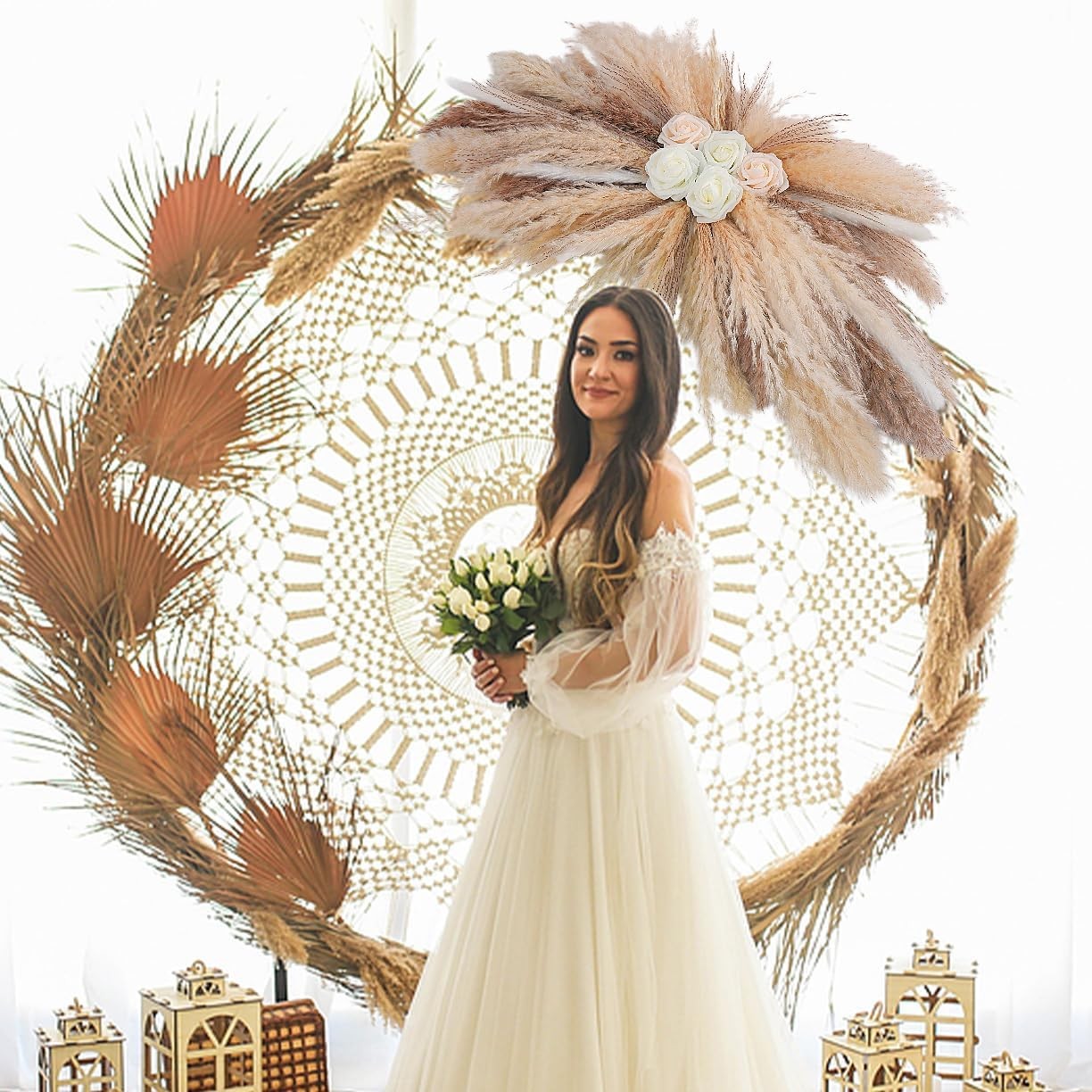 36-38″ Large Pampas Grass Wall Decor DIY Artificial Roses & Natural Dried Boho