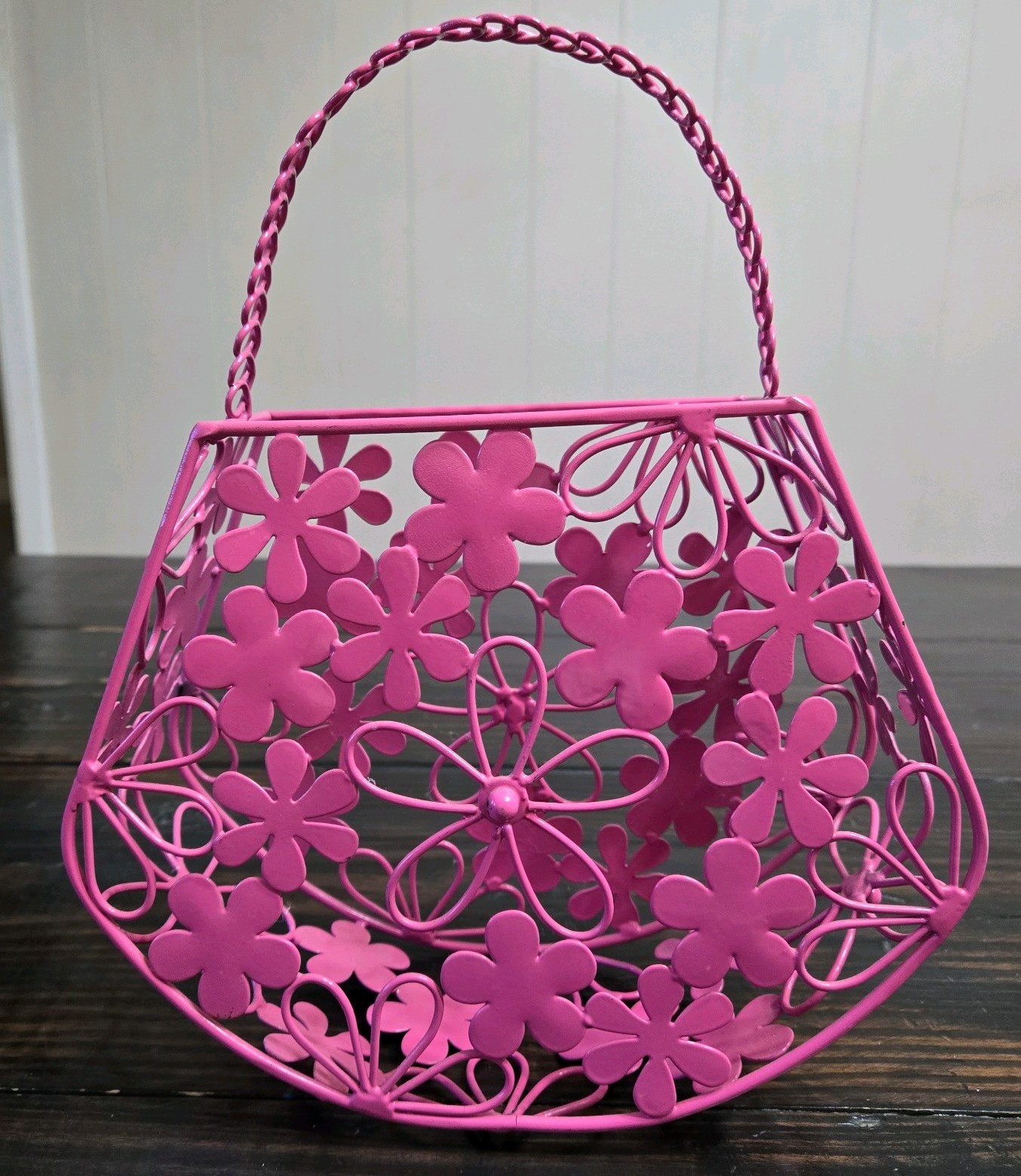 Pink Metal Floral Purse-Basket With Handle-Pink Flowers