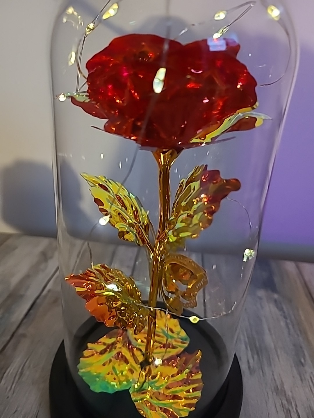 Light Up Rose In Glass With Butterfly And Rose Petals On The Bottom. Red/ Gold.