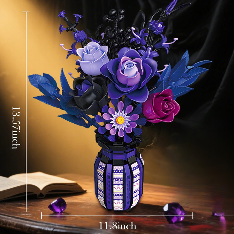 1218 PCS Dark Romance Gothic Bouquet Building Blocks Flower With vase Diy Model