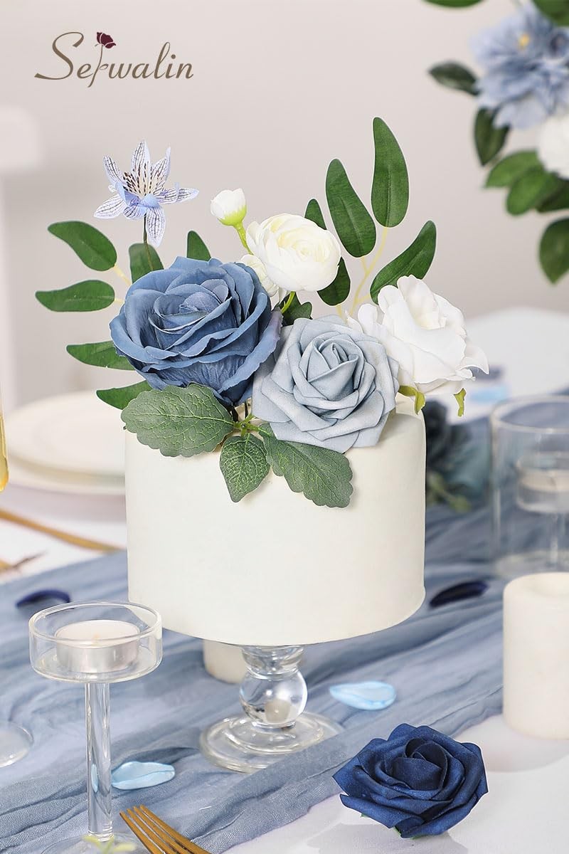 Serwalin Artificial Flowers, Dusty Blue Fake Flowers, Silk Foam Wedding Flowe…