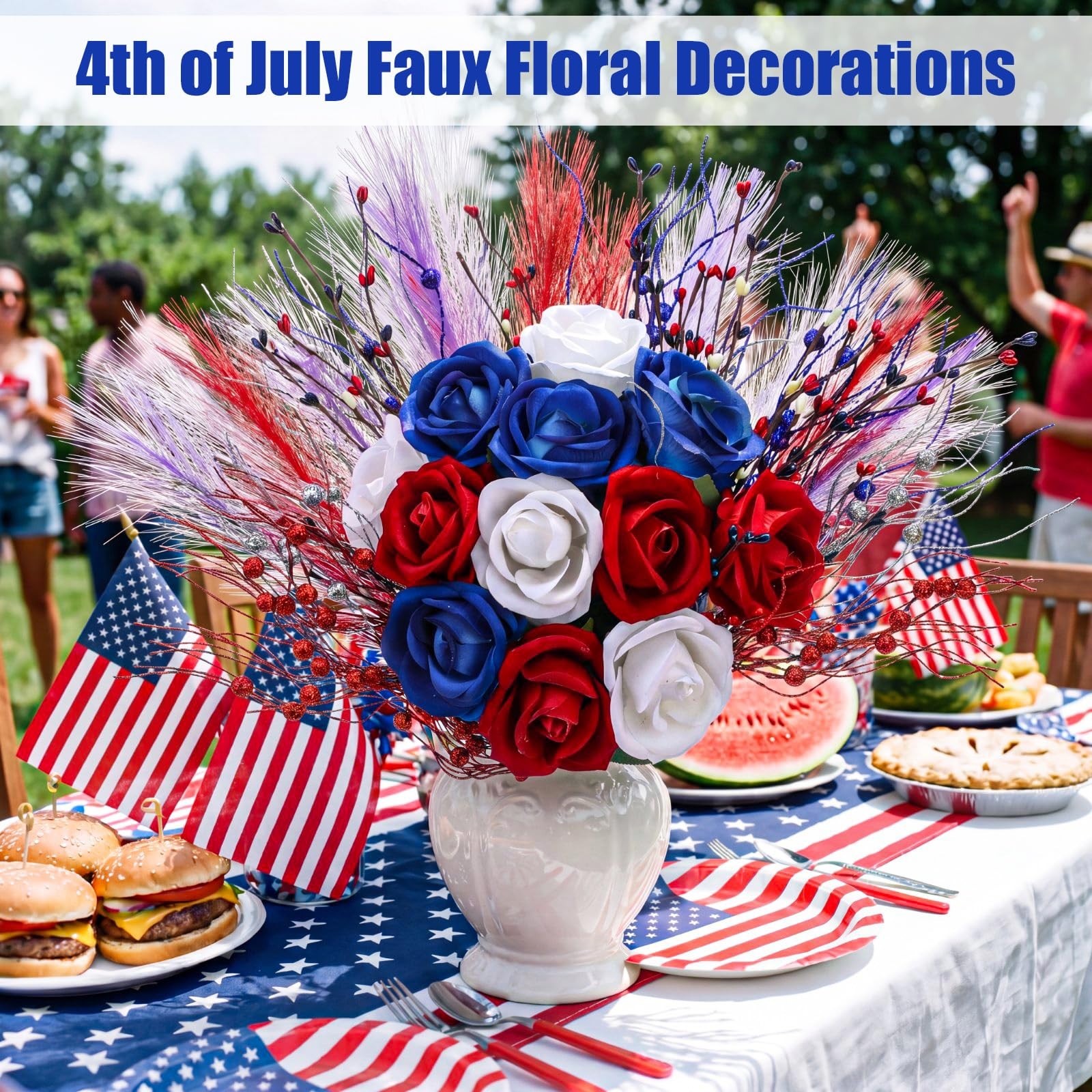 30pcs Patriotic Artificial Flower, Red White Blue Faux Roses with Star Picks …