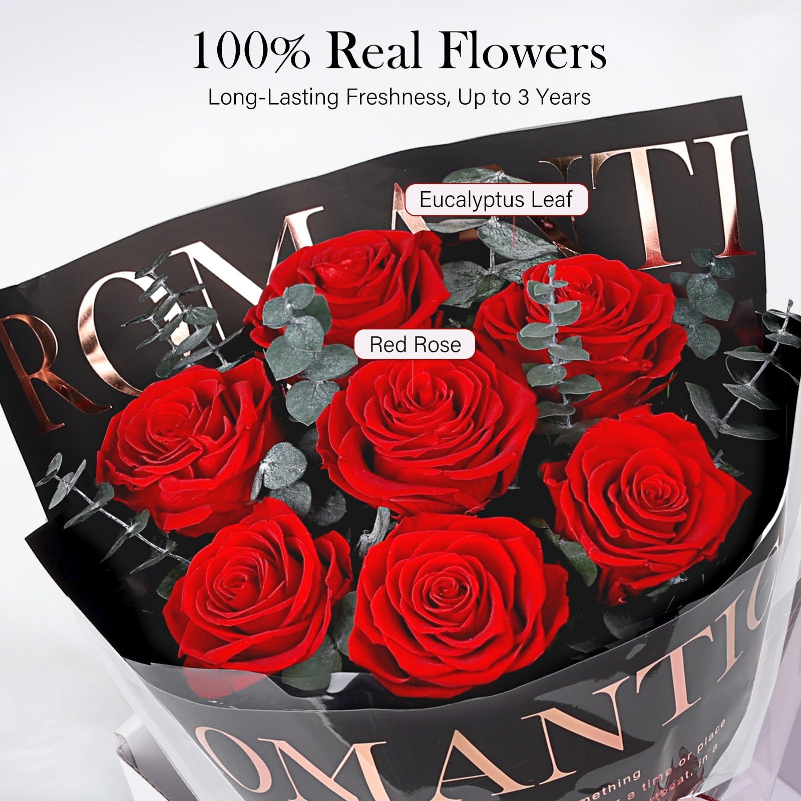 7 Red Roses Preserved Flowers in Black Wrap – Perfect Gift for Women