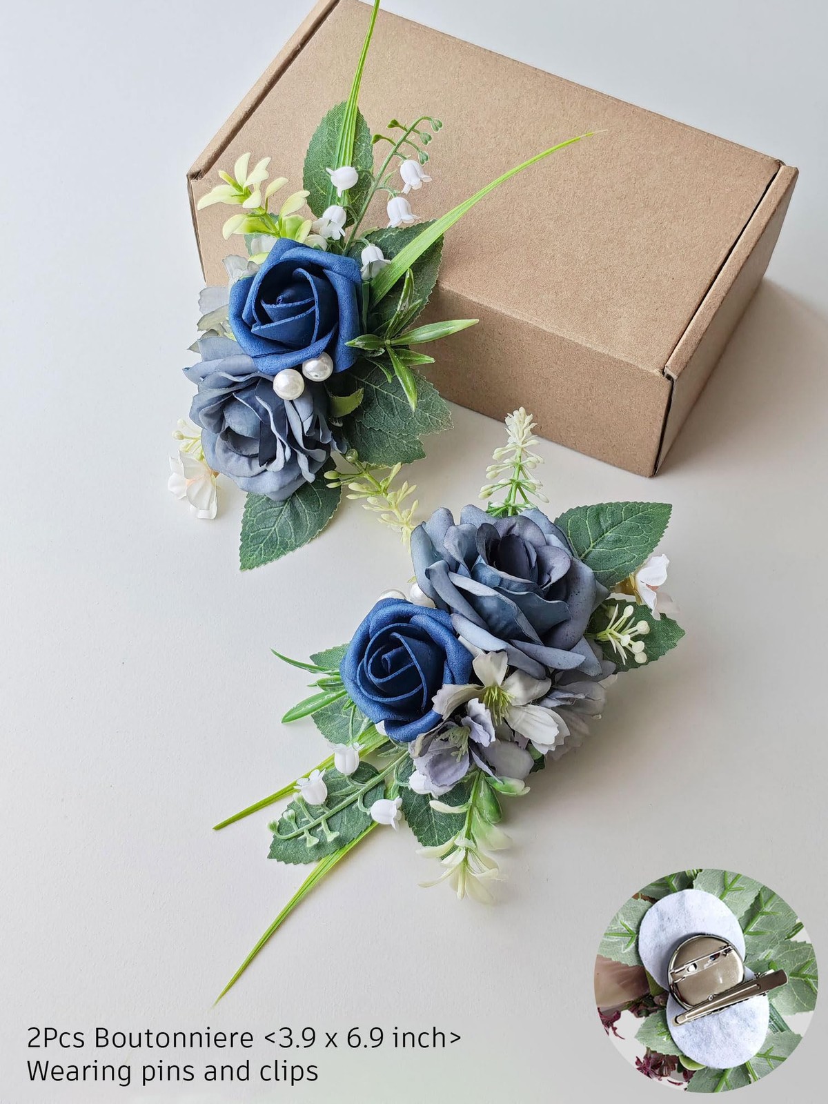 2 PCS Boutonniere For Men Suit Decor Flowers Groom Groomsmen Dusty Blue
