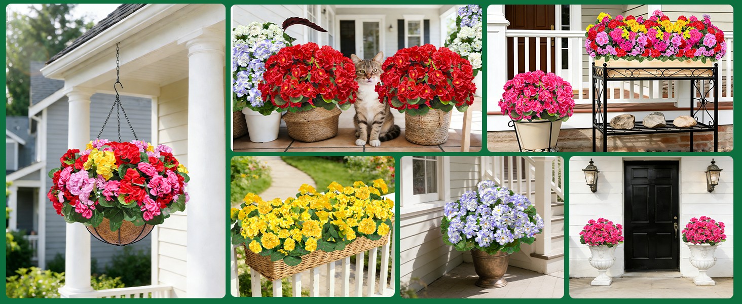 4 Bundles Artificial Geraniums Flowers for Outdoors Summer Decor | Fake Flowers