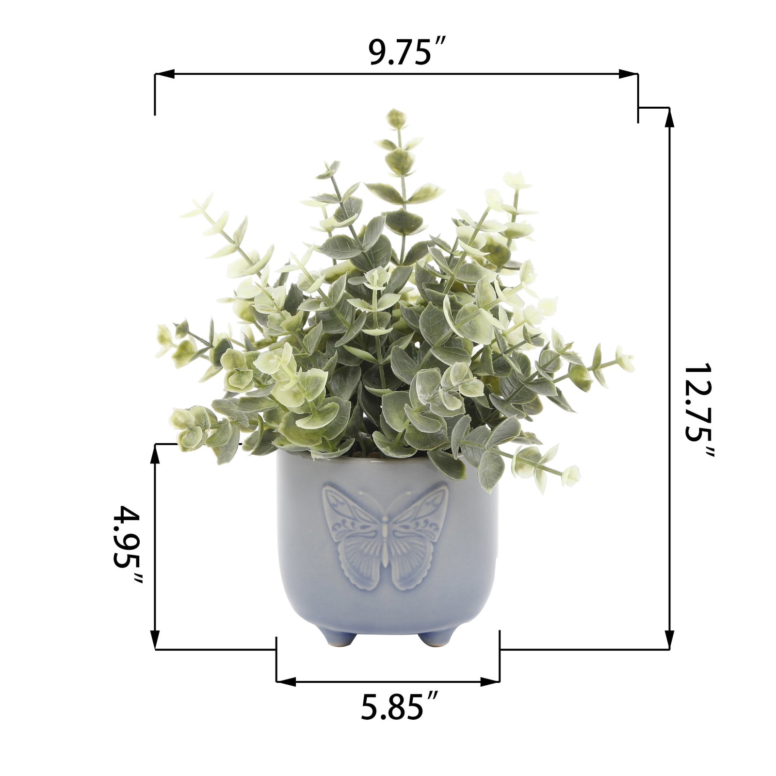 Mainstays 3″ Tabletop Artificial Baby Eucalyptus Plant in Blue Ceramic Butterfly