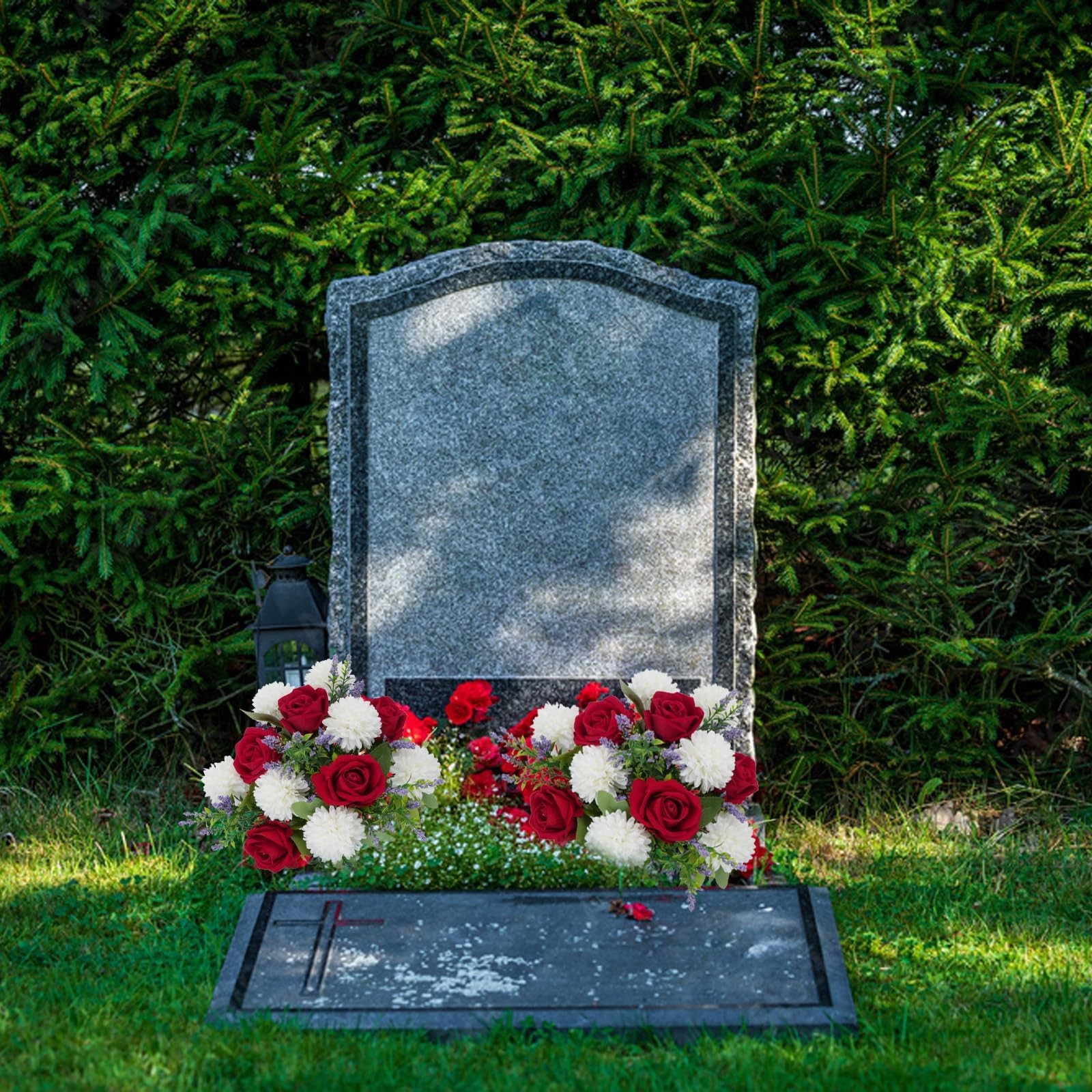 12 Inch Cemetery Flowers for Grave Fake Flower Bouquet Red Rose Silk