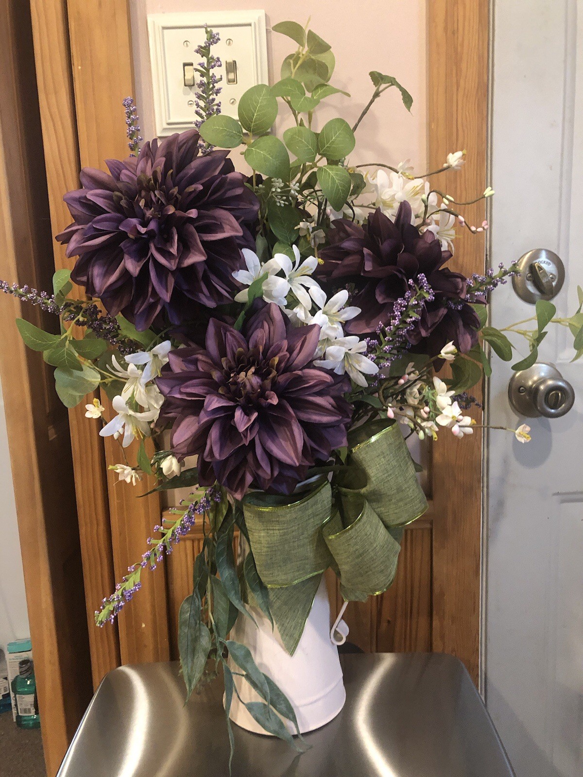 Floral Centerpiece/Side Table Decor, 26” Tall By 18” W Maroon Purple,Grn, White