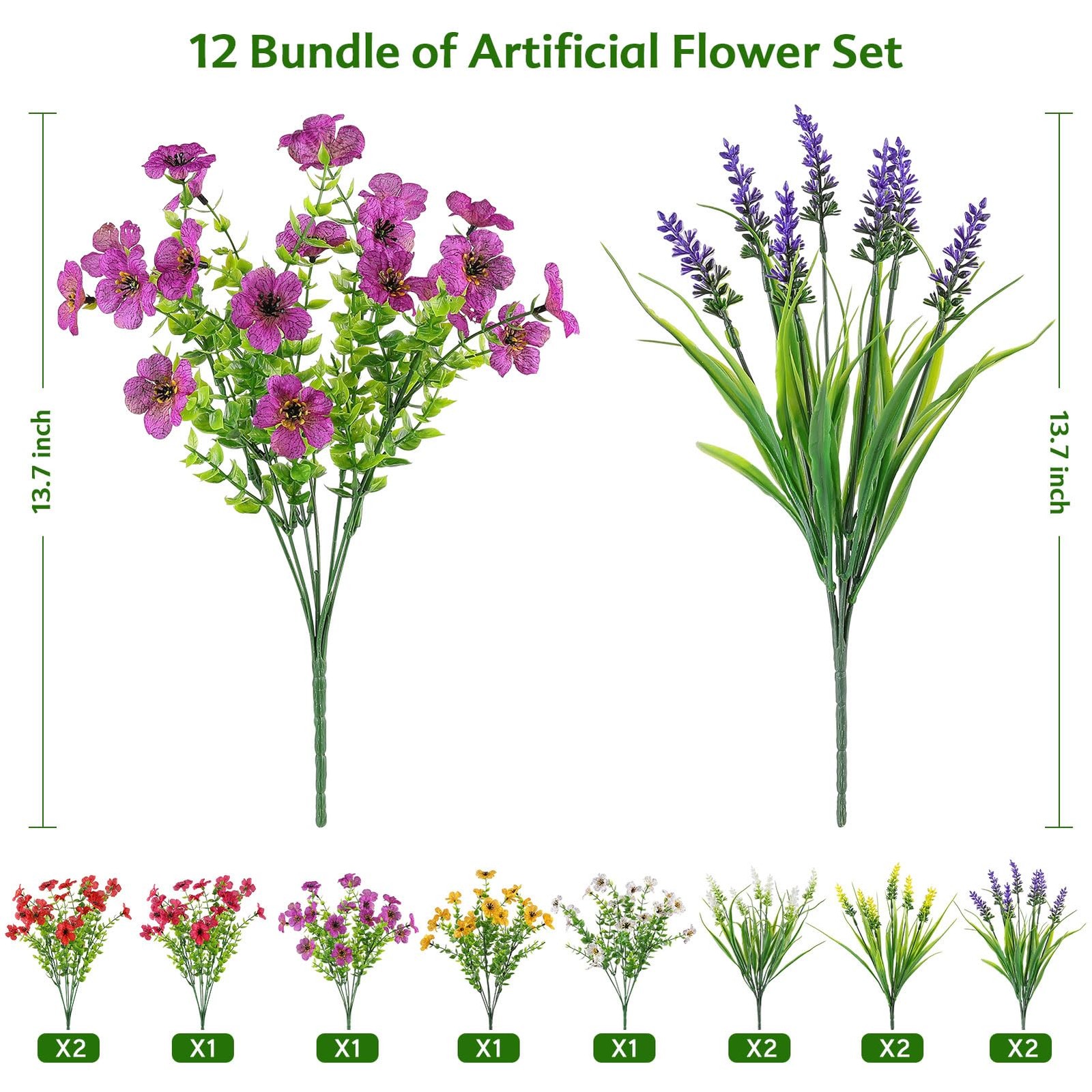 12 Bundles Artificial Flowers Waterproof No Fade Realistic Silk Plastic Outdoor