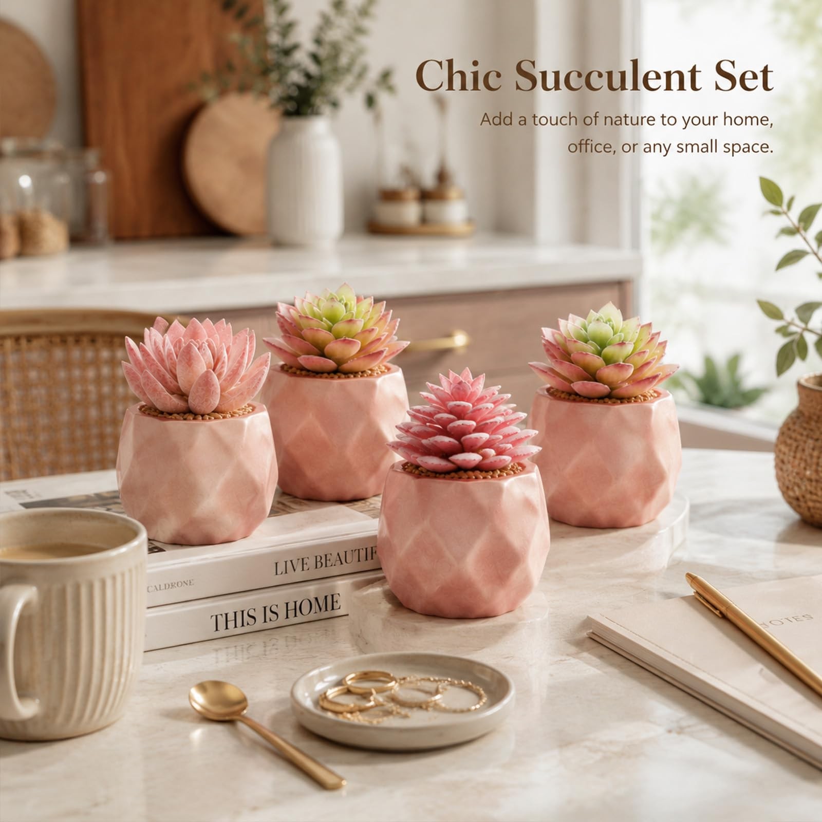 4 Pack Artificial Faux Succulents in Pots, Mini Rose Gold Fake Plants for Des…