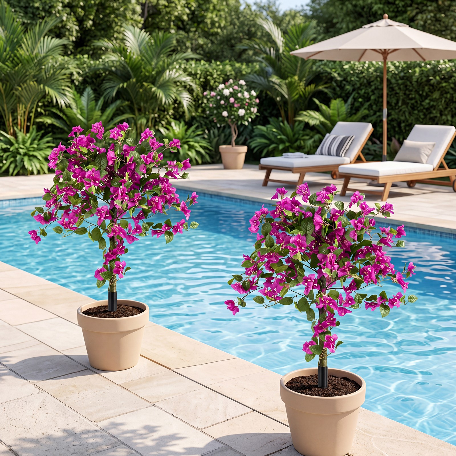 2 Pack Bougainvillea Artificial Trees w/Stable Ground Spike, PE Trunks for Porch