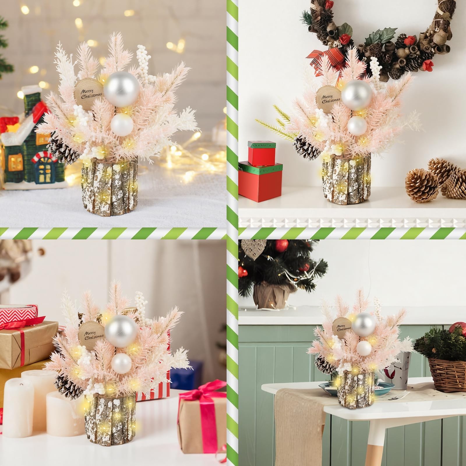 Pink 12 Inch Small Table Top Christmas Tree Lights Pine Cones Berries Decor