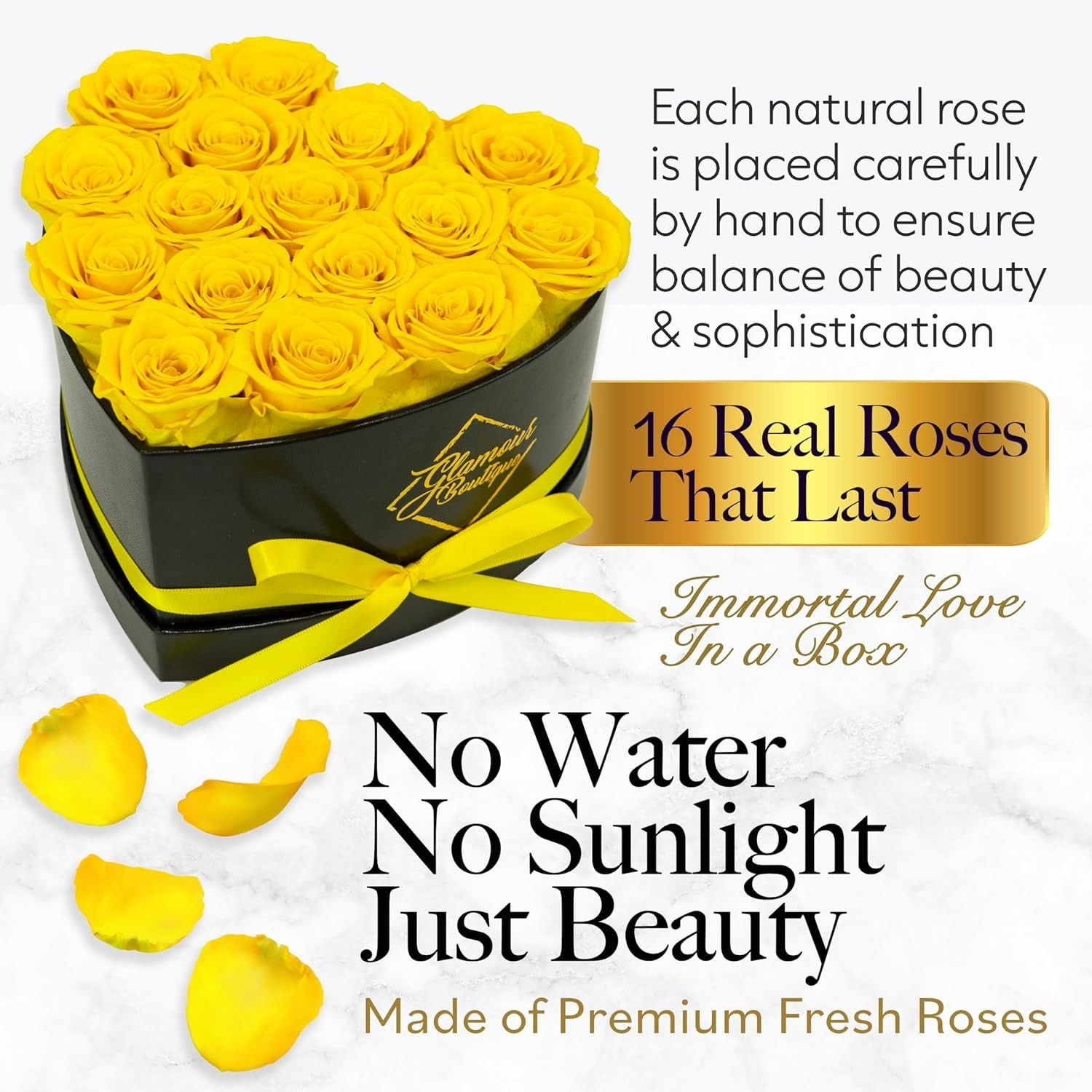 16 Yellow Eternal Roses Heart Box – Gift for Her