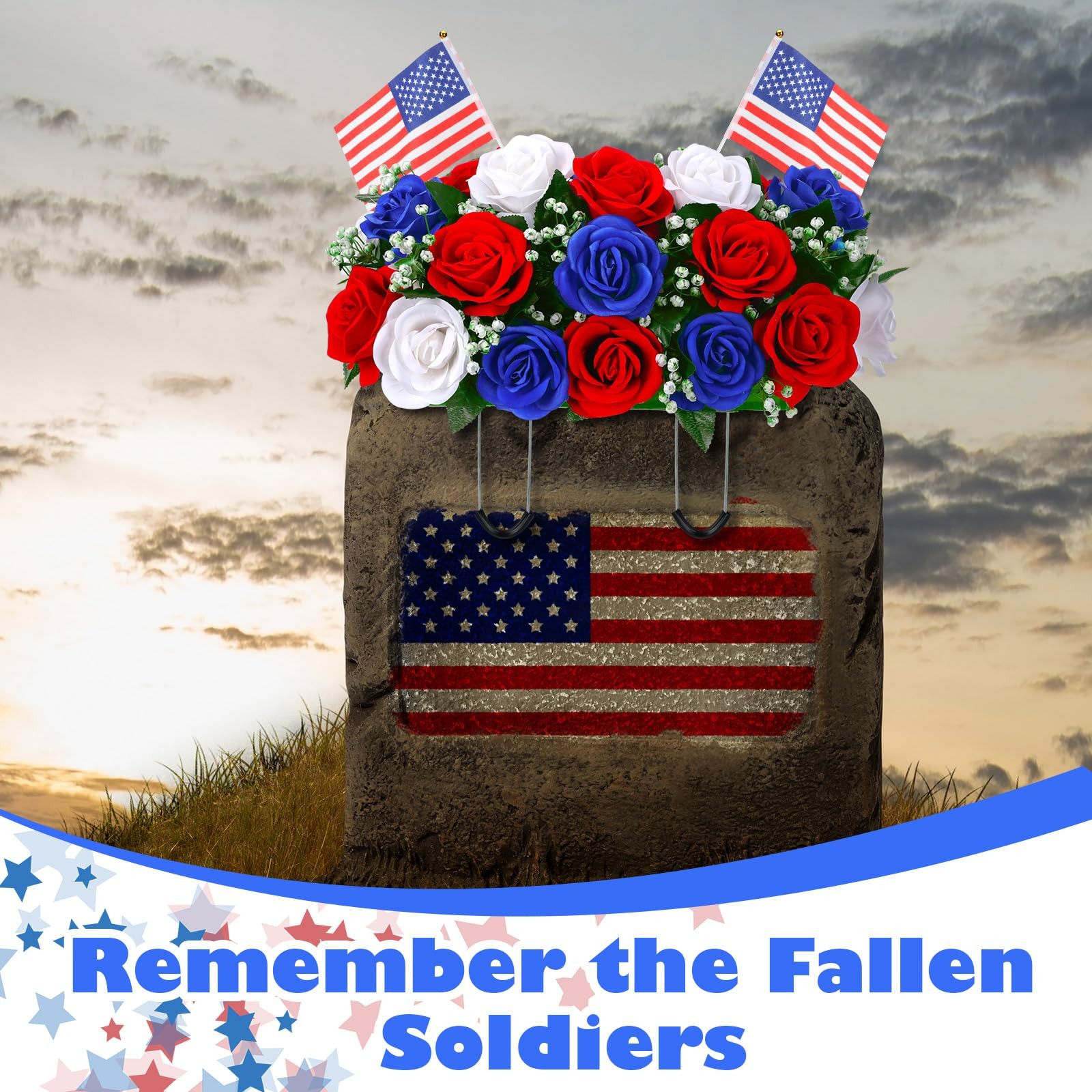 Patriotic Headstone Flower Saddle with Americans, 4th of July Red White Flag