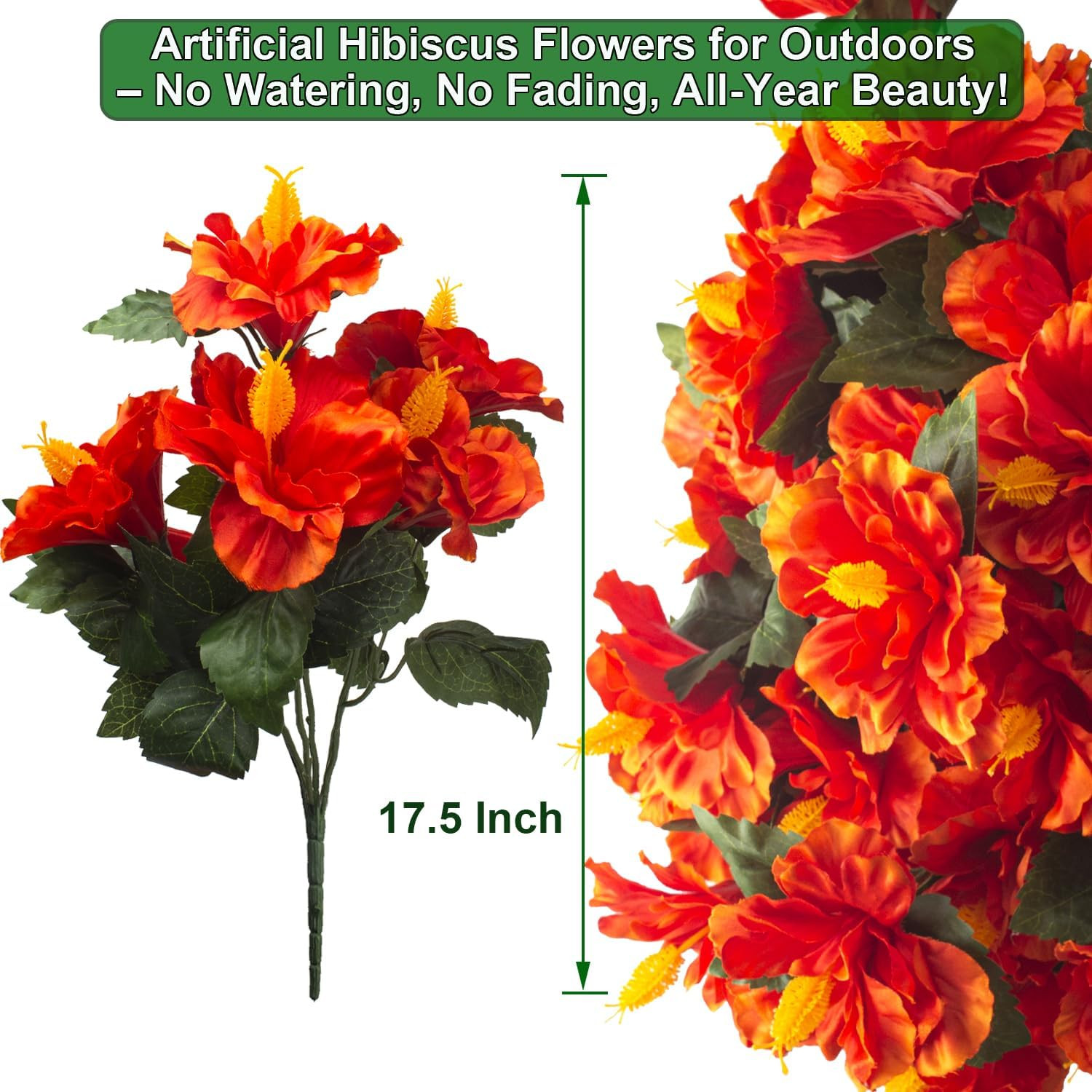 UV Resistant Artificial Hibiscus Flowers – 5 Bundles for Outdoor Decor (Orange)