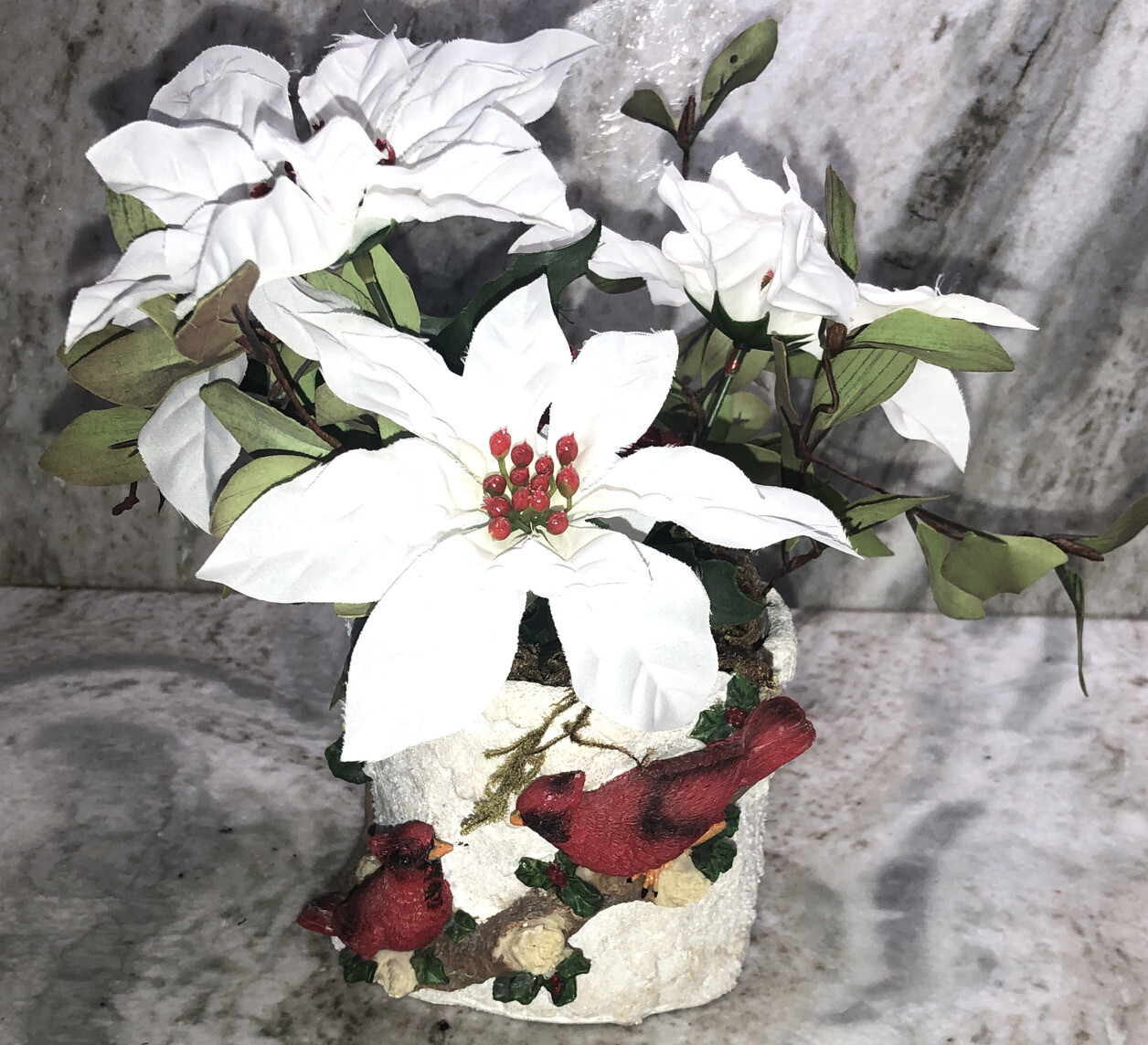Christmas Cardinal Flower Pot Filled With 9”H x 10”W Artificial Flowers-NEW