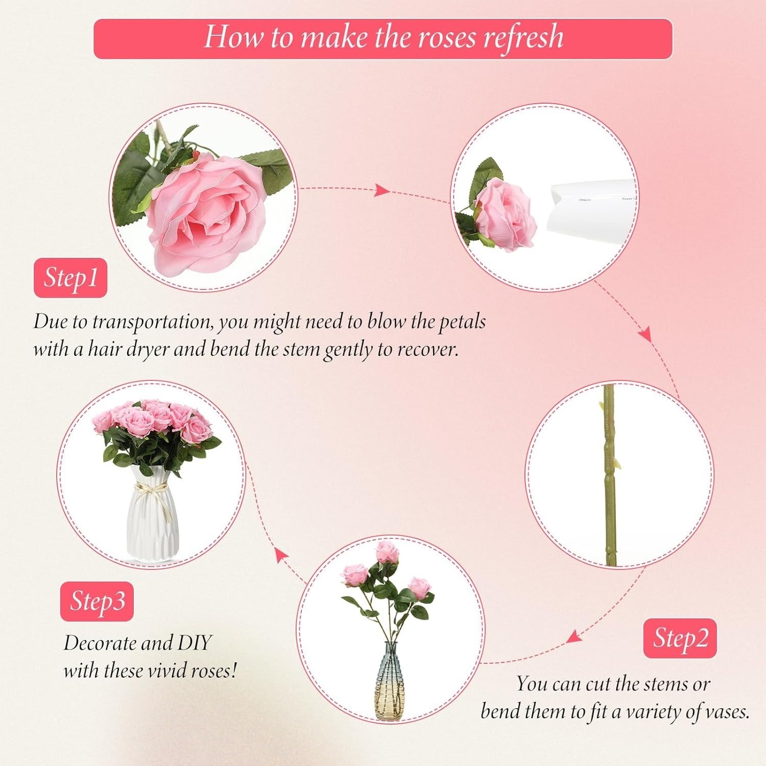 20 Pcs Artificial Rose Flowers with Long Stem, Pink