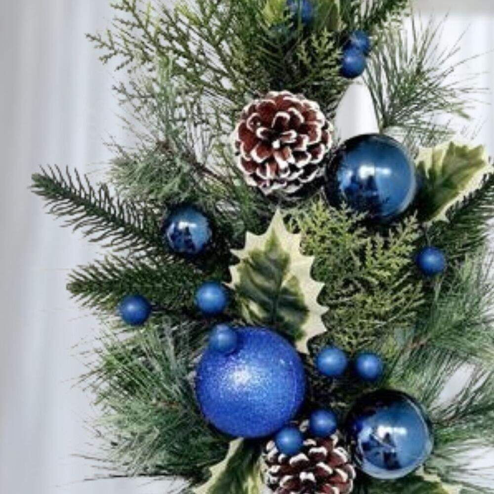 24″ Artificial Mixed Pine, Holly and Blue Ornaments Floral Spray