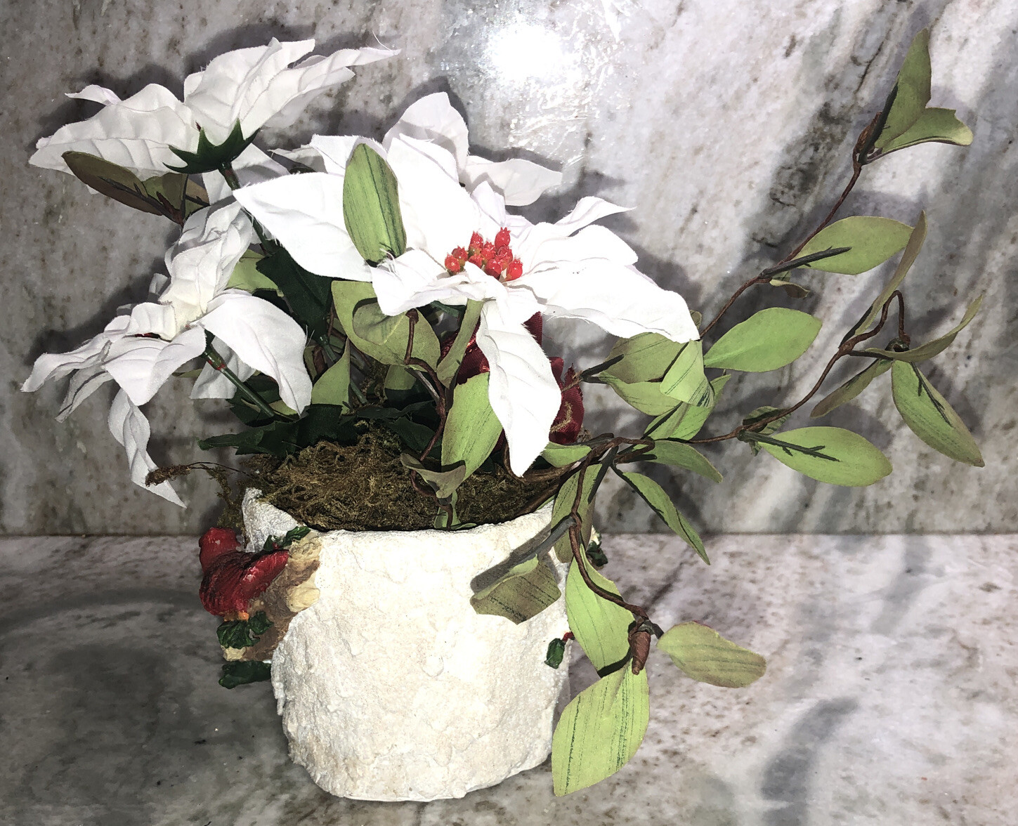 Christmas Cardinal Flower Pot Filled With 9”H x 10”W Artificial Flowers-NEW