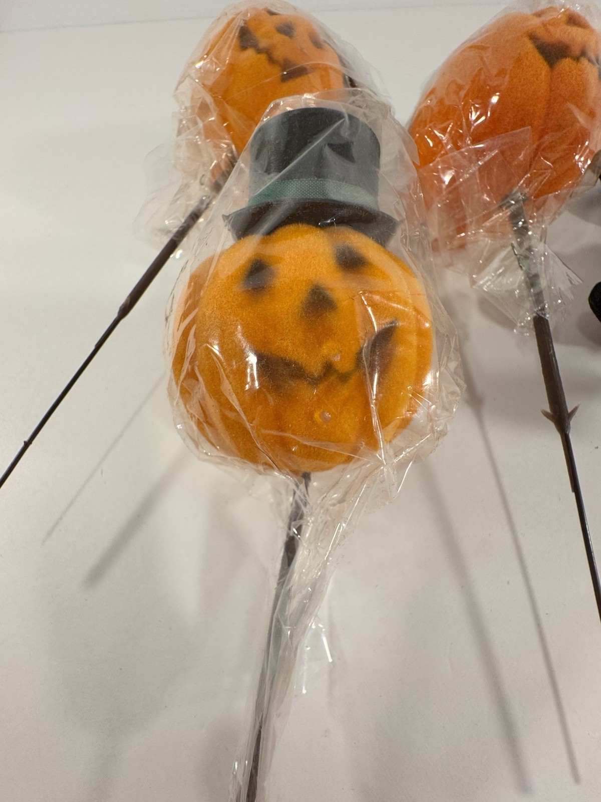 Halloween Floral Picks Pumpkin Face Blow Mold Flocked Jack-O-Lantern & Witch