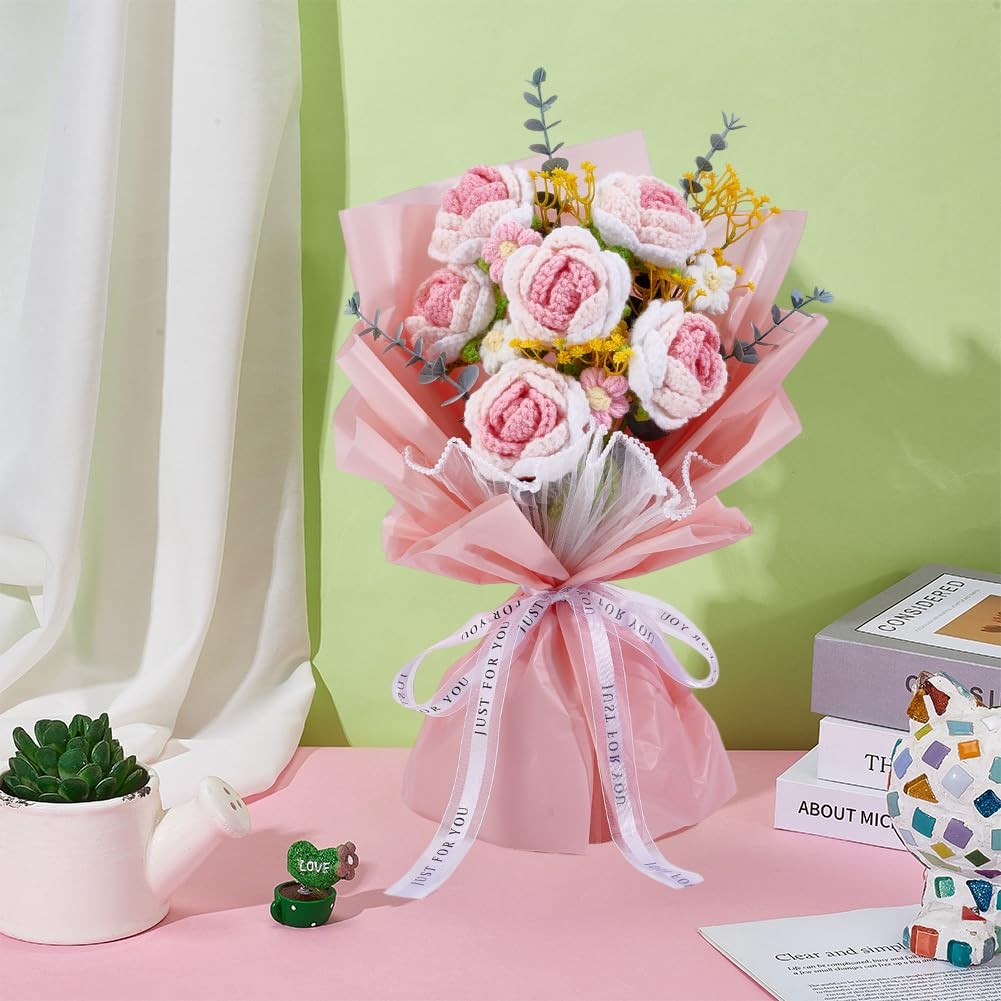 INFUNLY Crochet Flower Bouquet Pink Gradient Rose Crochet Flowers Handmade Knitt