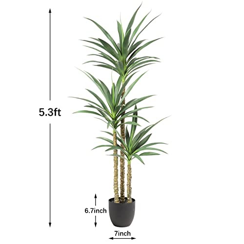 Artificial Tree 5.3Ft Faux Agave Plant with 3 Heads in Plastic Pot 4ft 10in