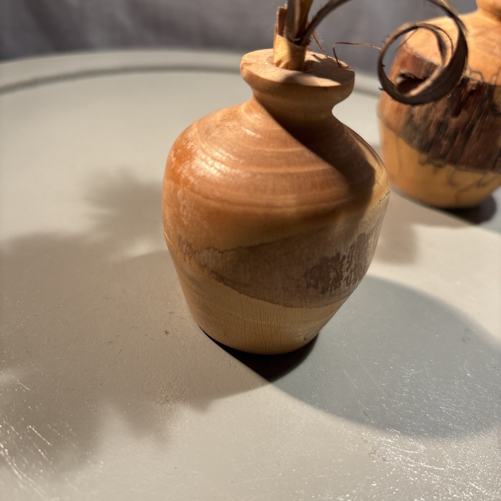 Set Of 2 ~ Wood Shaving Artificial Flowers in wood vase 6″ H Brown Orange Beige