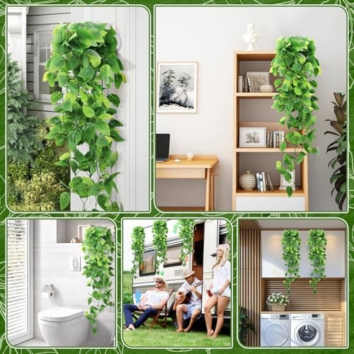 -Pack Fake Hanging Plants, Faux Hanging Plant 2 Green Pothos Ivy Vines