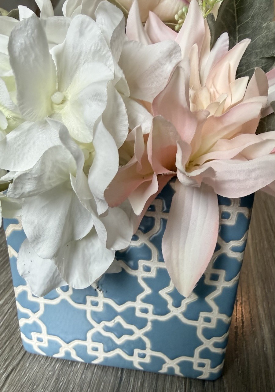Artificial Floral Arrangement Pink White Flowers Blue Ceramic Vase 9” Tall Decor