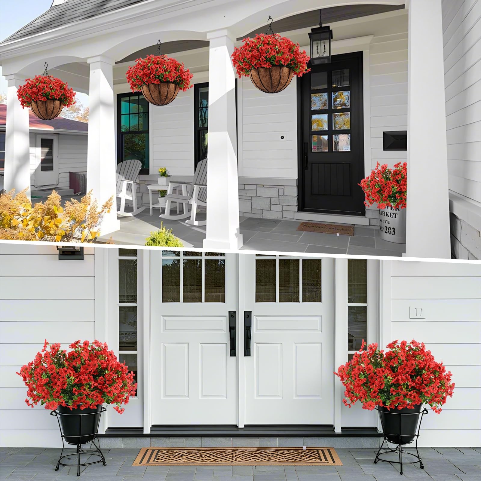 24 Pcs Artficial Outdoor Flowers with Hanging Baskets, 2 Pack Hanging Planter…
