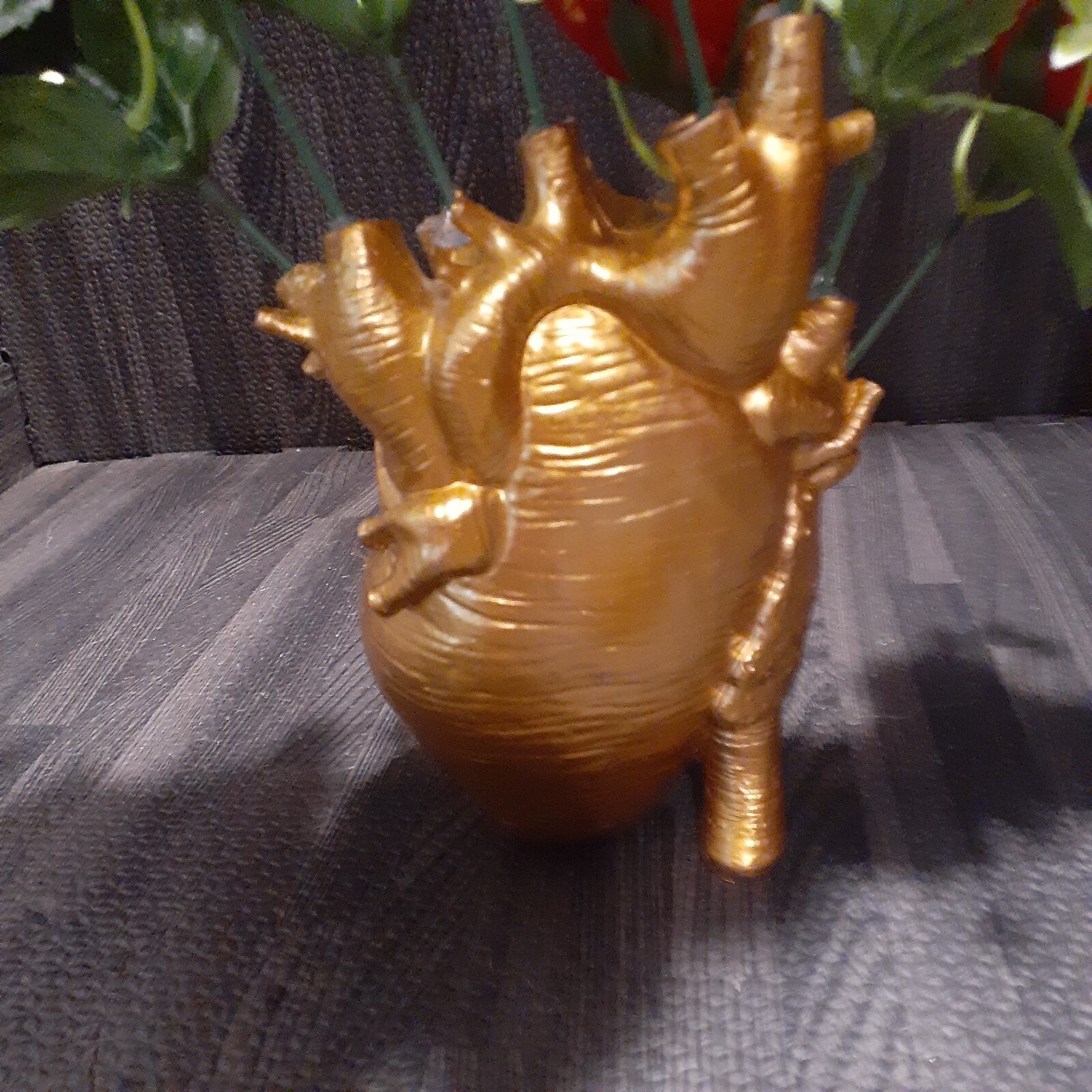 Goldtone Human Heart Faux Rose Display. Creepy Romantic Gift Halloween