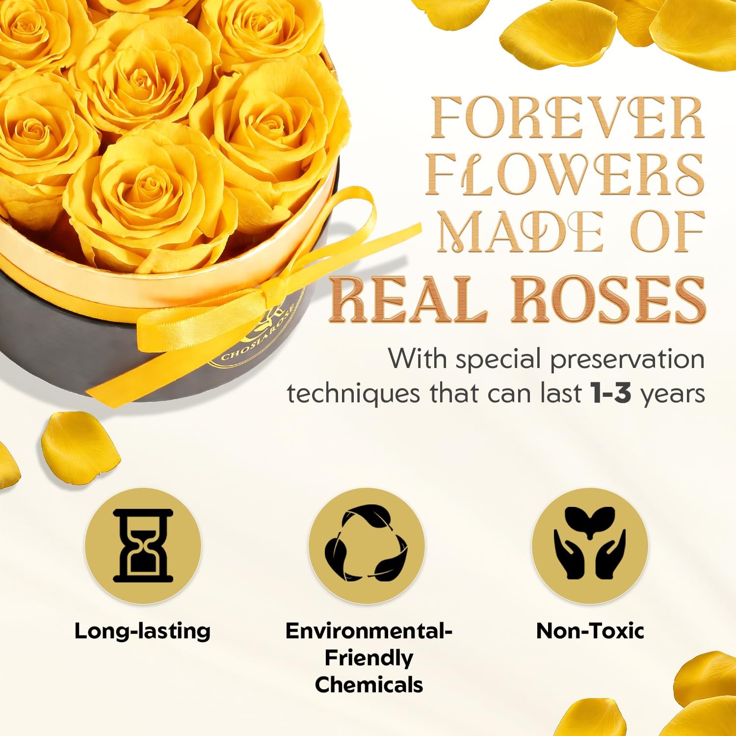 7 PCS Preserved Yellow Roses Box Forever Flowers Gift Women Mom Grandma Wife