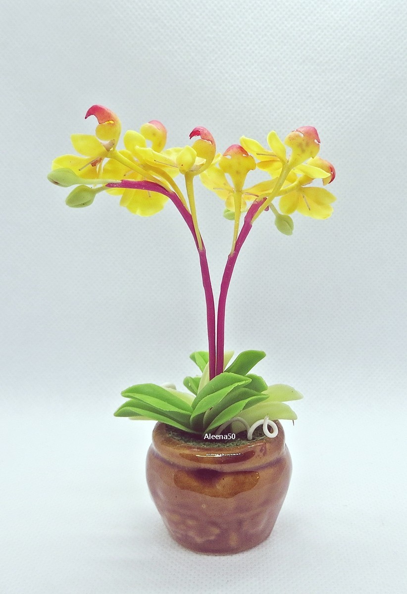 US Stock 4″H Handmade Air-Dry-Clay-Crafted Phalaenopsis Orchid Arranged in Pot