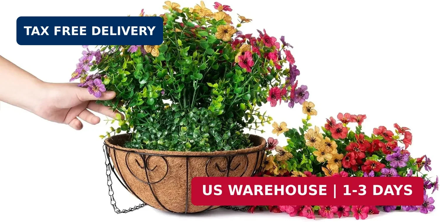 HyeFlora Artificial Faux Hanging Plants Flowers Basket for Summer Outdoor Outsid