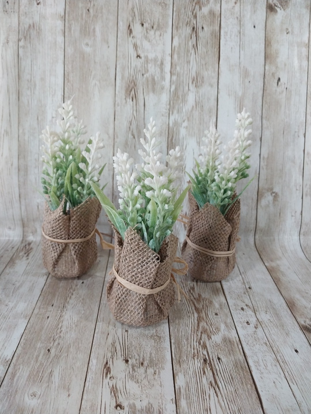 New! 3 Spring Plants Faux Mini Burlap Wrapped Floral Plant Arrangement Decor ~
