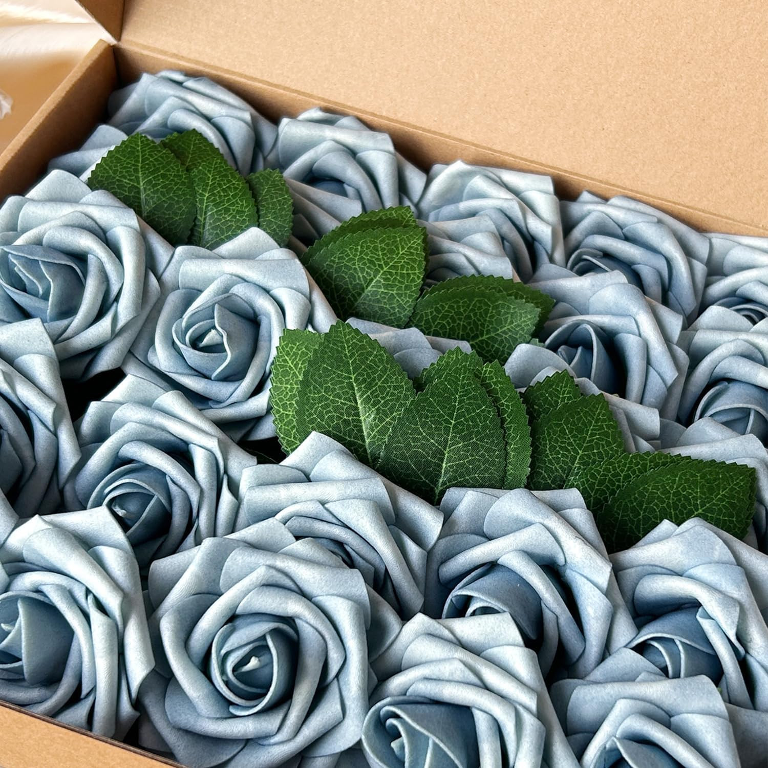 50PCS Light Blue Foam Artificial Roses with Stems & Leaves, Faux Wedding Bouquet