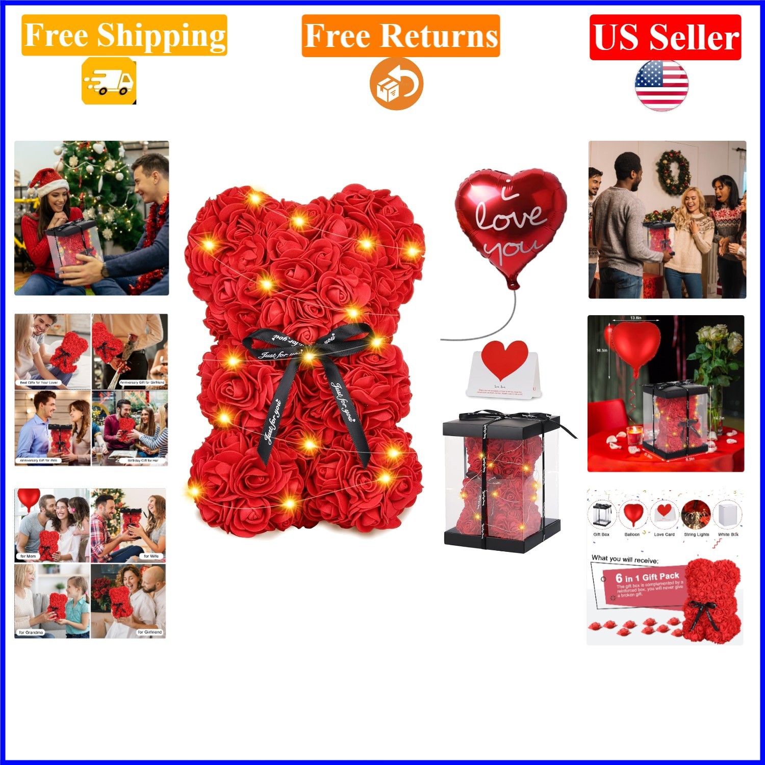 Red Rose Bear with Lights, 10in Teddy Gift Set for Valentines, Her