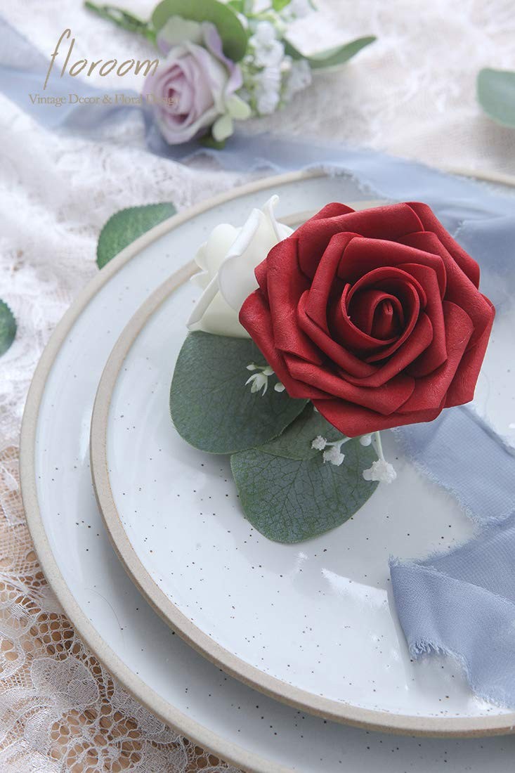 Artificial Flowers 25pcs Real Looking Dark Red Foam Fake Roses with Stems for…