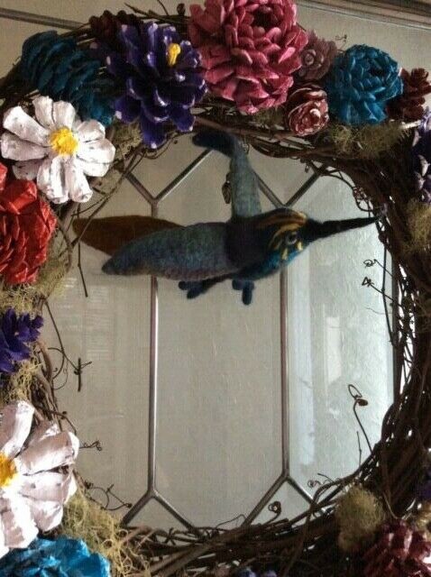 Pine cone Wreath, blue,pink, Purple Colors with wool tufted hummingbird