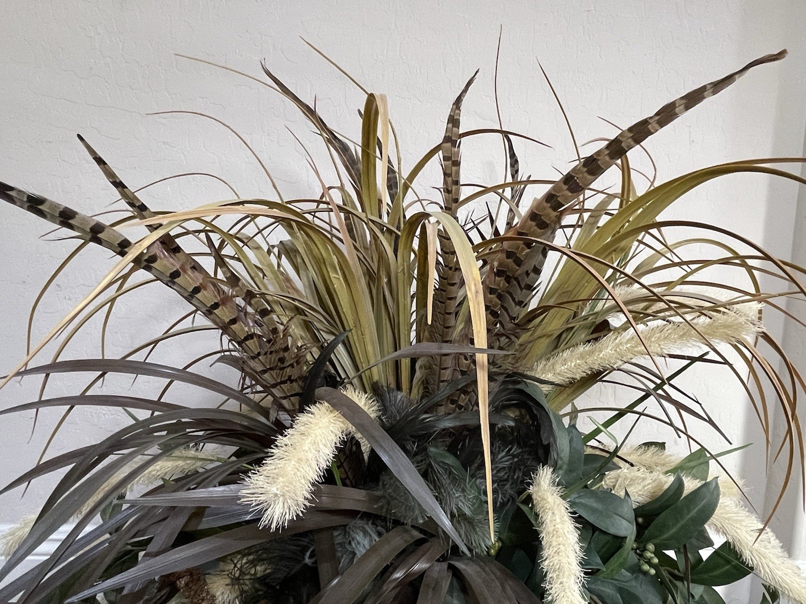 Artificial Floral Arrangement Faux Grass Cattails Pheasant Feathers Tin Planter