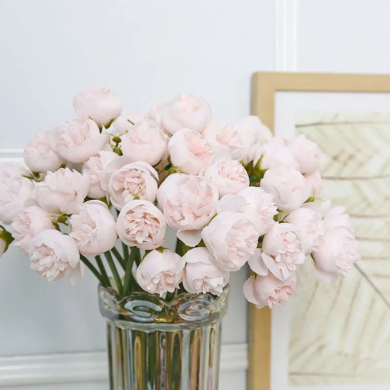Rose Pink Peony Artificial Flowers Silk Bouquet 27Heads Roses Fake Flower for Ta