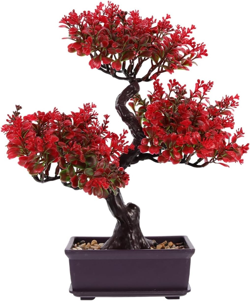 Home Decor Artificial Bonsai Tree Red Small Fake Plants Decor Indoor Faux Pot…