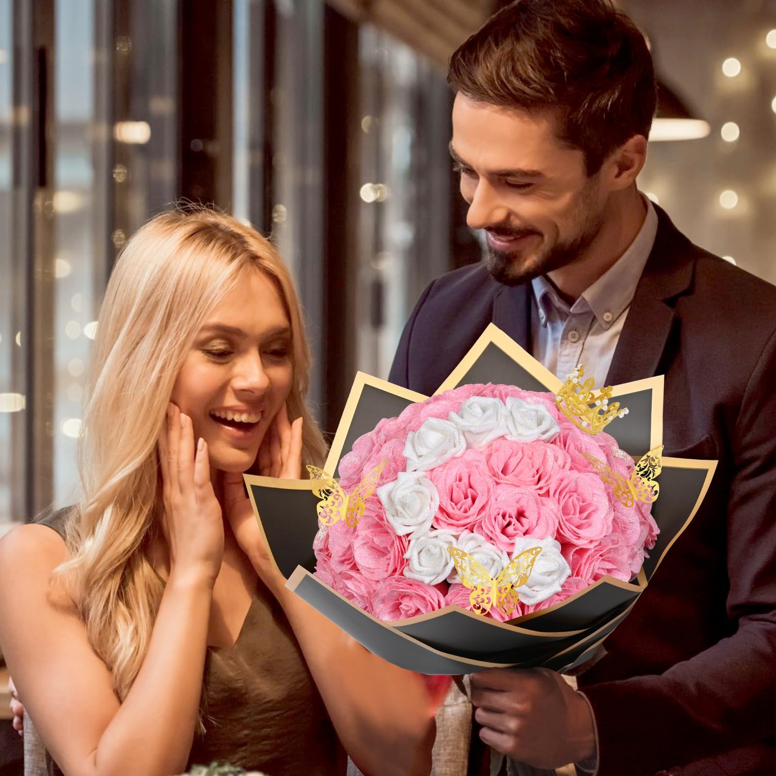 36 Pcs Glitter Roses Bouquet, DIY Fake Flowers Bouquet, Craft the Initials of…