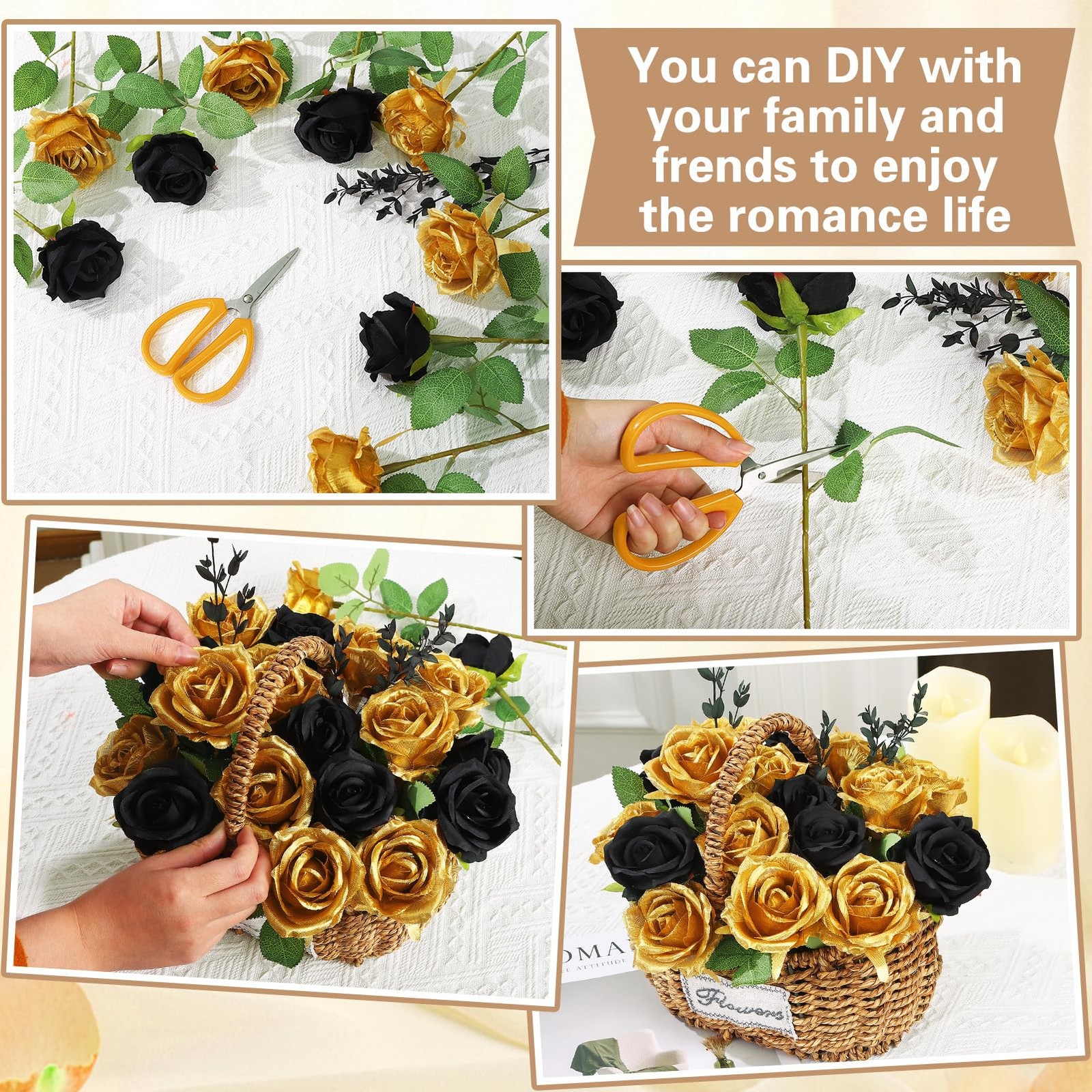 72 Pcs Artificial Roses Gold, Black Fake Silk Roses Realistic Roses Faux Flow…