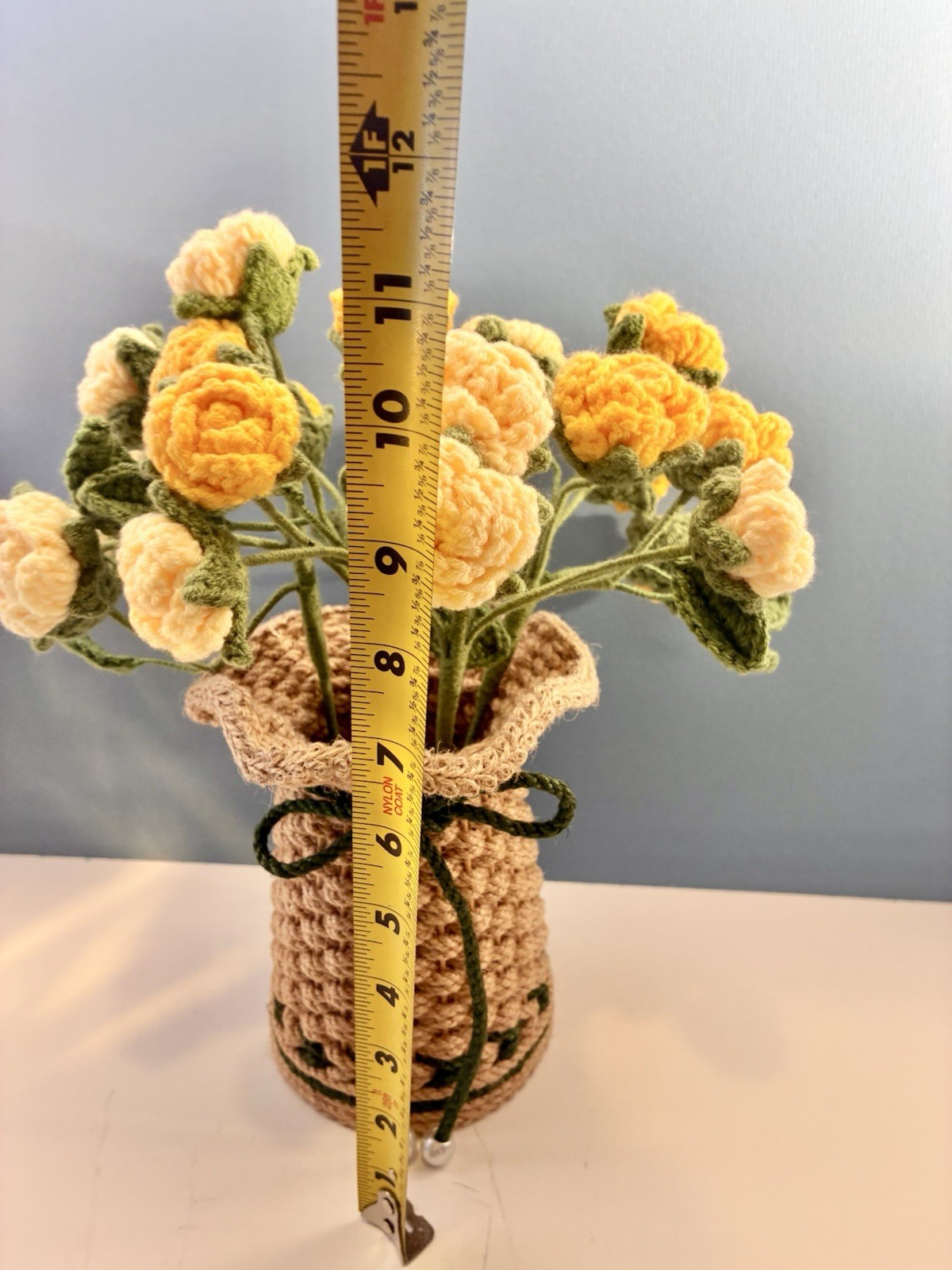 Hand Crocheted Yellow Rose Flowers in Hand Knitted Jute Basket 11”