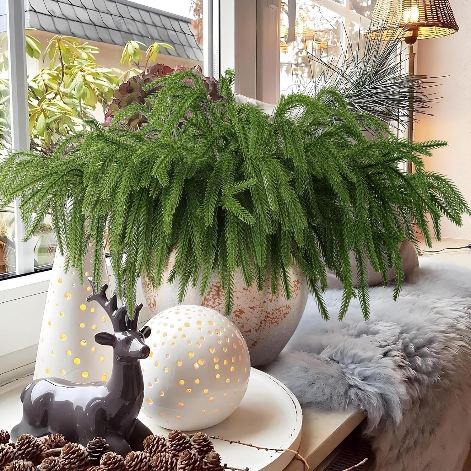 12Pcs Artificial Norfolk Pine Cedar Stems 18″ Branches for Wreath Deck the Halls
