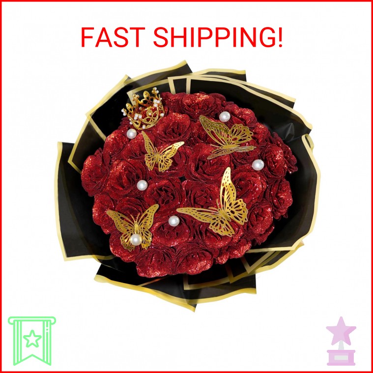 Red Glitter Roses Bouquet, 24 Pcs Shiny Glitter Flowers Bouquet, Everlasting Art