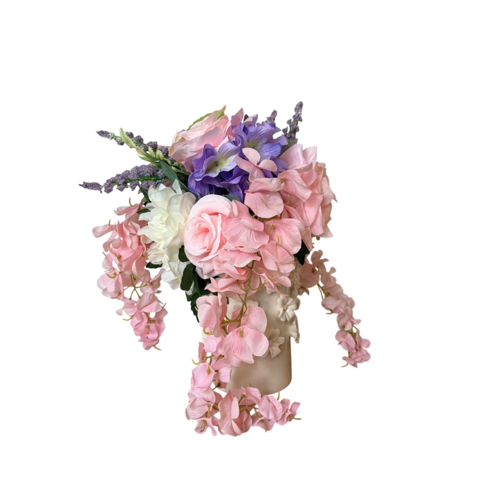 Pink Silk Floral Arrangement White Daisy Ceramic Vase Hydrangea Dahlia Decor