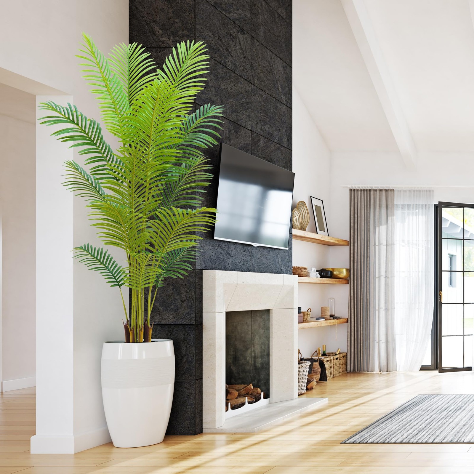 6FT Artificial Palm Tree Indoor with White Pot, Realistic Leaves, 15 Trunks A…